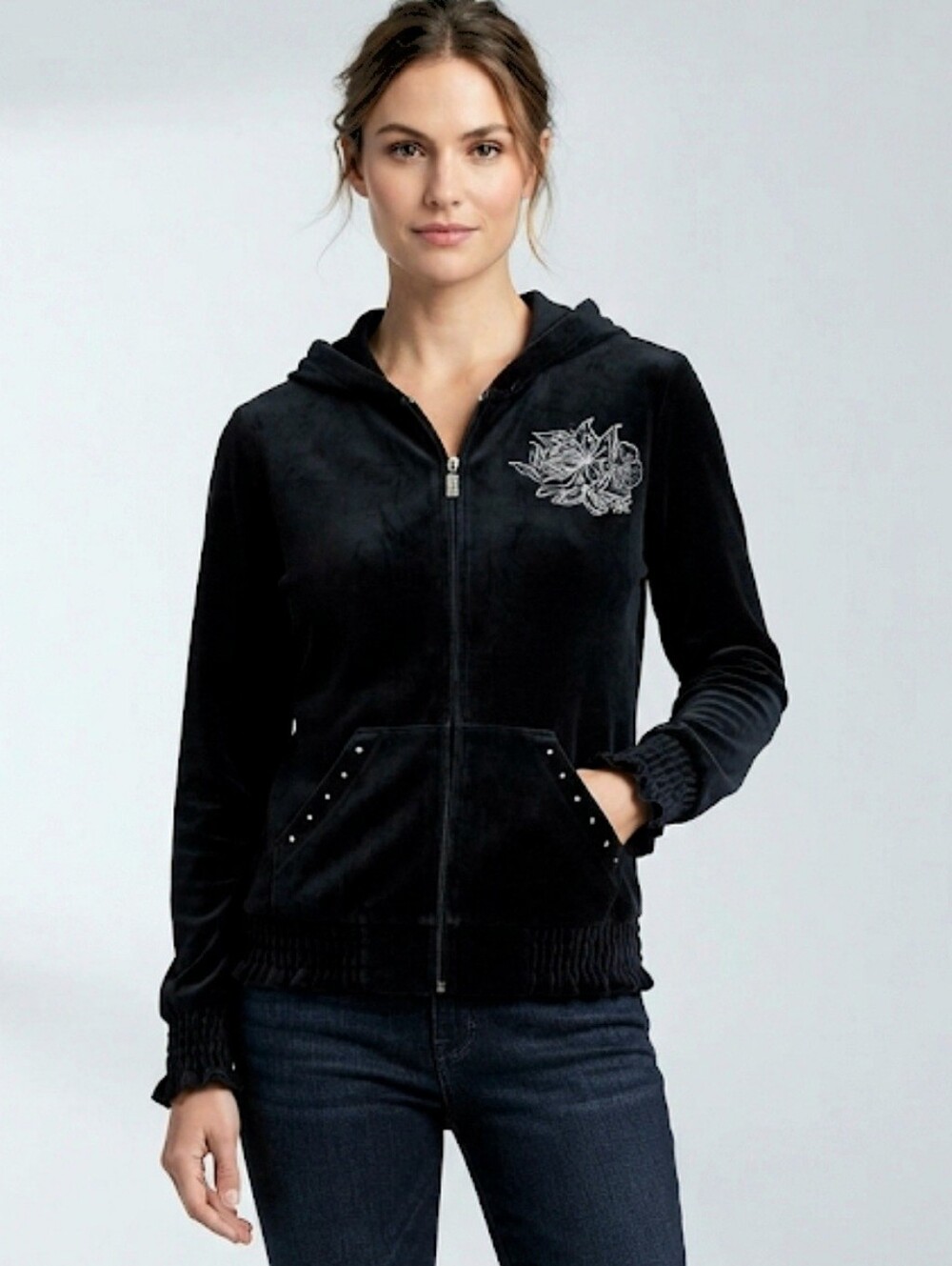 Silverwear Black Velour Crystal Embellished Zip Front Hooded Jacket Size MP